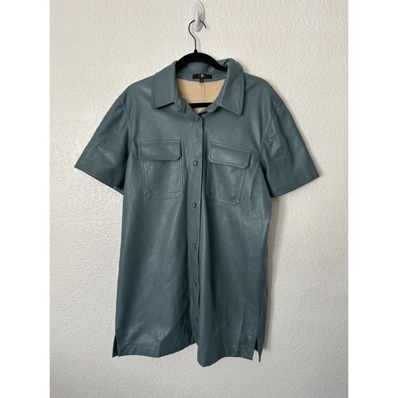 7 For All Mankind Shirt Dress Women Large Grey Blue Faux Leather Button Mini - Picture 1 of 7